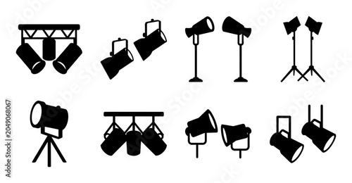 Black stage lighting equipment set icons - Minimalist black icons of various stage lighting tools and equipment arranged neatly.