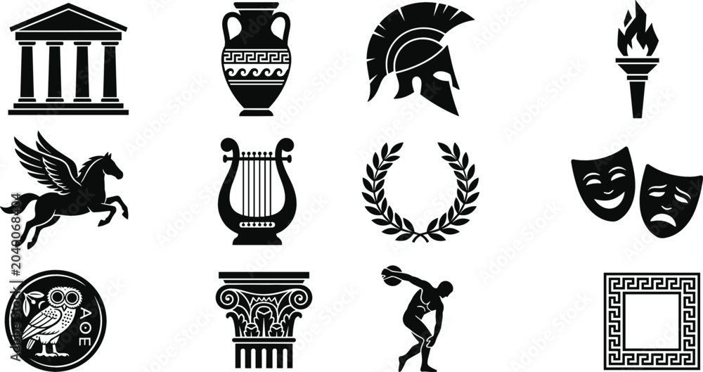 Fototapeta premium Ancient Greece culture history and mythology black silhouette icon set isolated on white background for antique greek decoration vectors