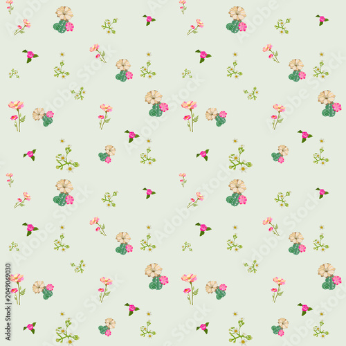 Cute Blooming Cactus and Wildflower Ditsy Seamless Pattern on Mint Green Background for Spring Summer Women Fashion Textile Apparel and Nursery Wallpaper Design