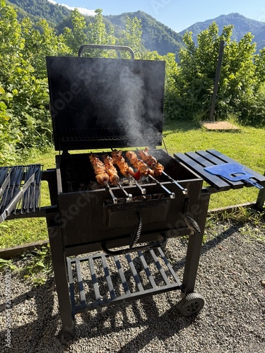 A barbecue grill with skewers of meat cooking over an open flame. Smoke rises in a green outdoor setting with mountains in the background.