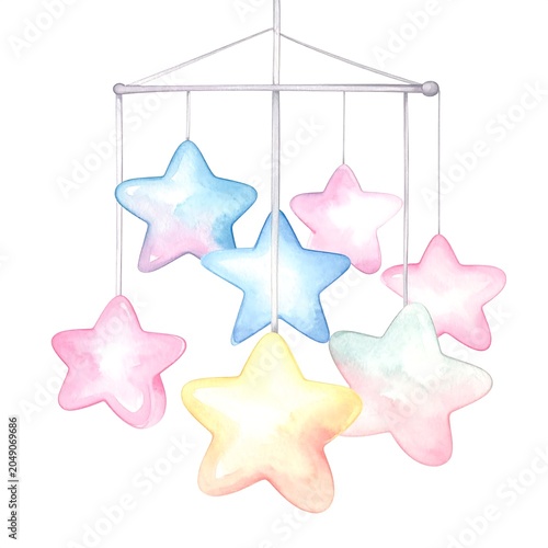 Colorful paper crane origami mobile hanging indoors.