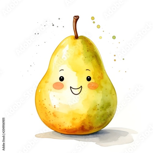 Cartoon pear with face and stem on white background.