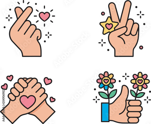 Four vibrant hand gesture icons expressing affection and positivity on a black background