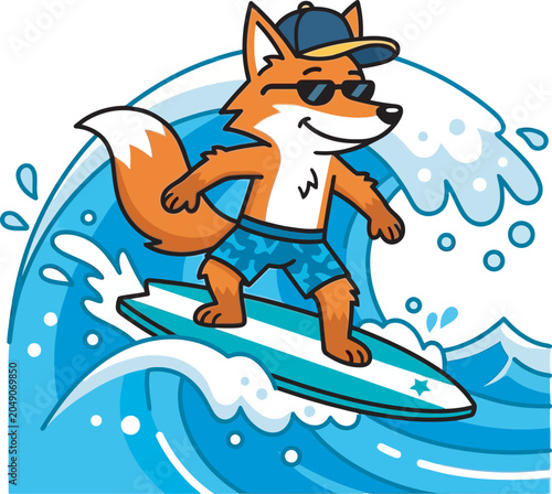 Cool fox cartoon character surfing on a surfboard on big blue ocean waves