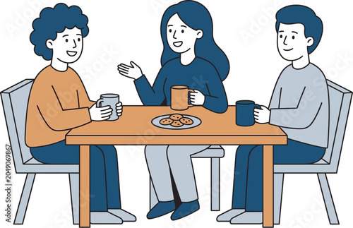 Three friends talking and drinking coffee with cookies around a wooden table
