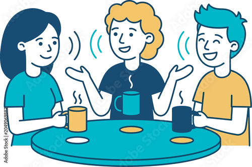 Three friends happily engaging in conversation around a round table with steaming mugs, illustrating social interaction and connection.