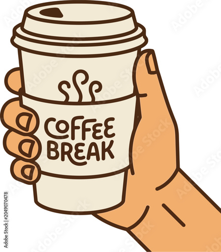 Hand holding a steamy coffee cup with 'coffee break' text against a black background
