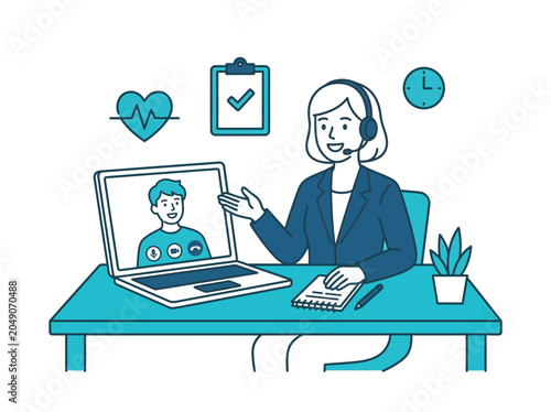 Female health coach providing online consultation via laptop to a male patient, surrounded by health symbols