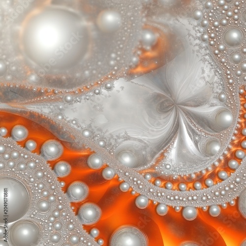 Abstract fractal design with metallic spheres and swirling patterns
