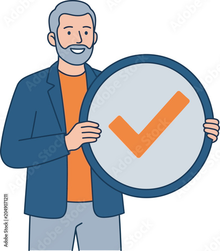 Smiling bearded man holding a large check mark sign in a friendly gesture.