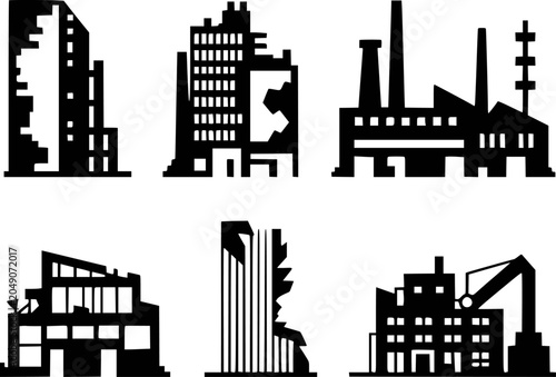 Tableau sur toile Collection of black silhouettes of industrial factories and modern buildings fac