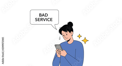 Sad woman looking at her smartphone with a speech bubble saying bad service illustrating customer dissatisfaction or poor internet connection issues.