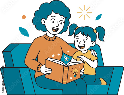 Woman and child reading an interesting book on a blue sofa