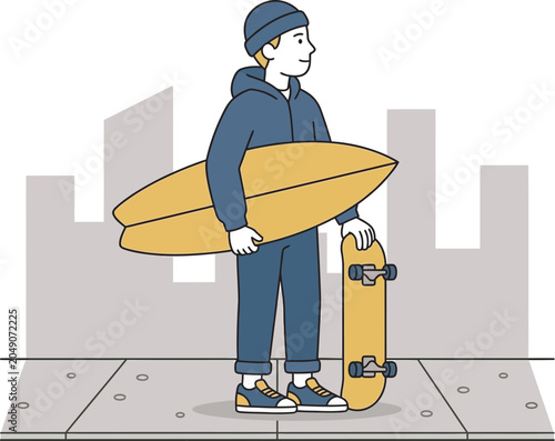 Young man with surfboard and skateboard in a city setting