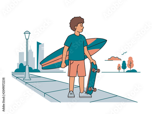 Young man with surfboard and skateboard walking in a city park