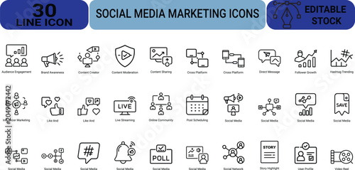 Thirty social media marketing icons collection for digital strategy content creation influencer growth trends hashtag branding and online community.