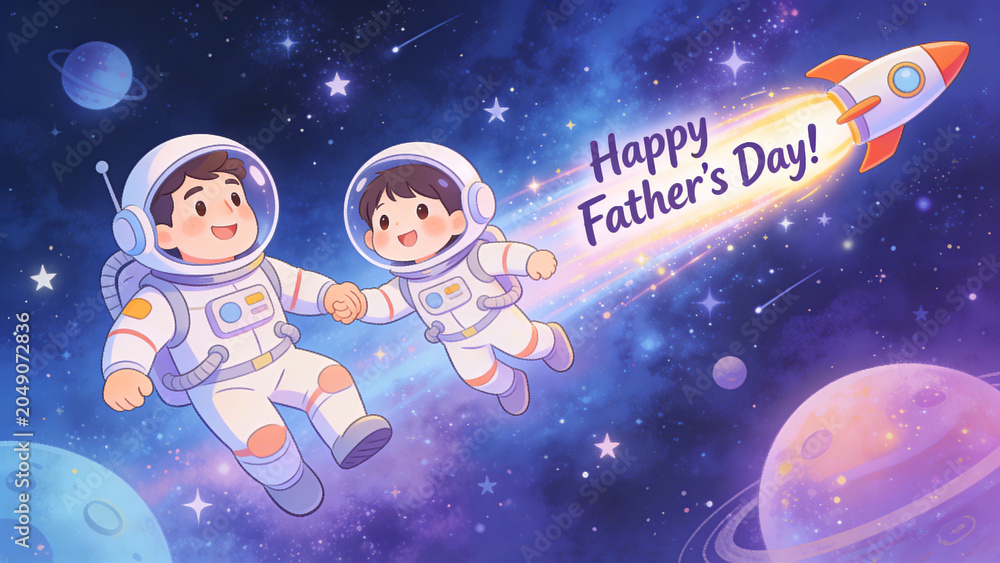 Fototapeta premium Father and child astronauts in space with Happy Father's Day text