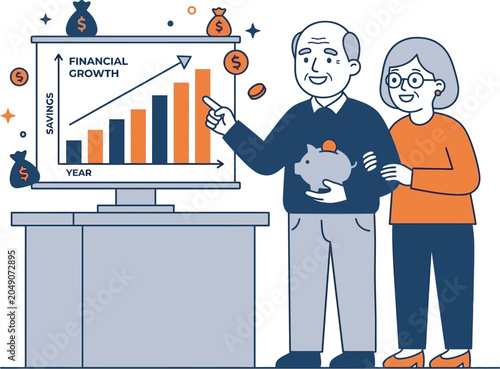 Senior couple happily reviews their financial growth on a screen, planning for savings.