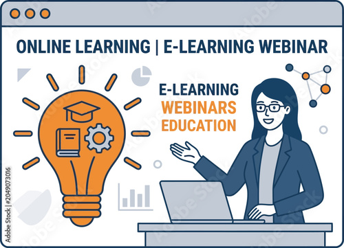Online learning webinar concept with female speaker presenting educational ideas on screen