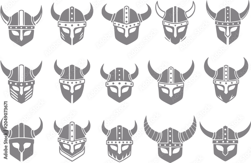 Obraz premium Collection of viking helmets with horns set