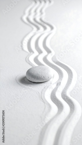 Serene close-up of a smooth stone in white sand with patterned ripples