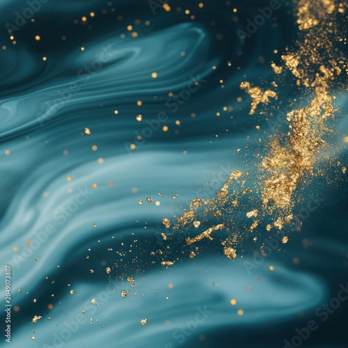 Elegant swirling teal background with gold speckles and fluid motion