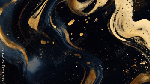 Abstract black and gold swirling pattern with splatters and streaks