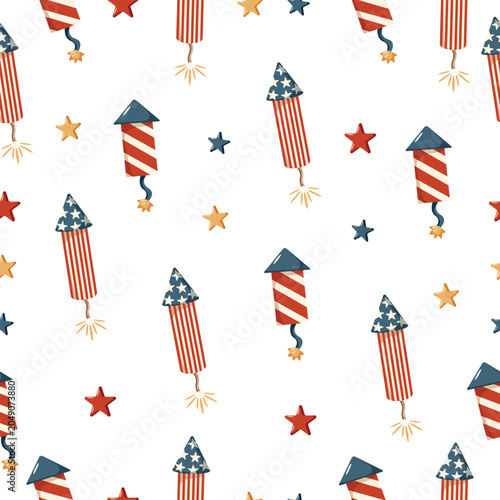 Patriotic fireworks rockets and stars seamless pattern for Fourth of July
