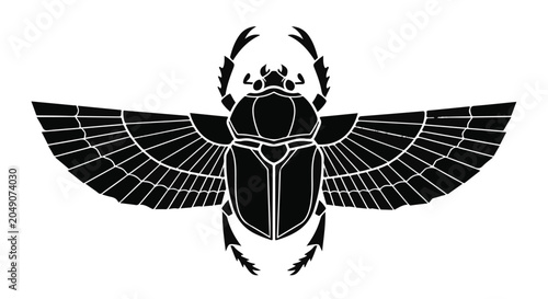 Stylized black scarab beetle with outstretched wings is depicted on a plain white.