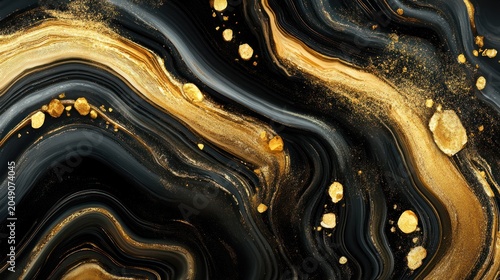Close-up of swirling black and gold marbled texture with metallic accents