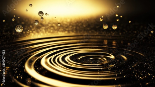 Golden liquid ripples with shimmering droplets under warm glow