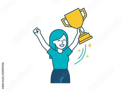 Excited woman holding a golden trophy in celebration on a white background.