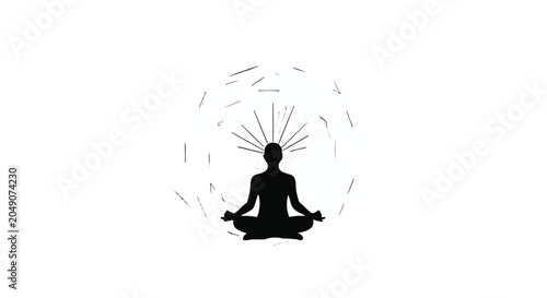 Meditating person silhouette with radiating lines represents a calm state of mind.