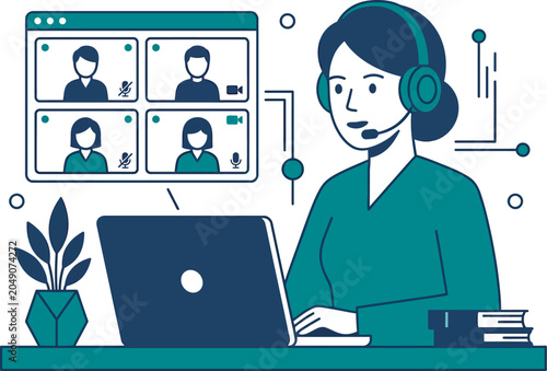 Woman with a headset engaged in a virtual video conference on her laptop with other participants.