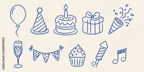 Party celebration doodle collection with hand drawn festive element vector illustration
