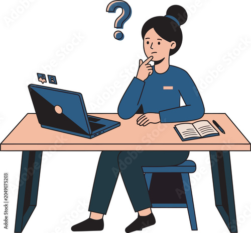 Woman sitting at a desk and thinking with a question mark above her head