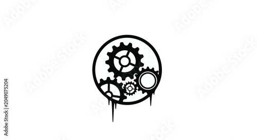 Circular arrangement of gears with dripping liquid suggests industrial decay.