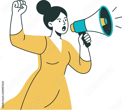 Strong woman speaking into megaphone raising fist in protest
