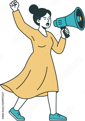 Dynamic woman speaking into megaphone actively protesting for change