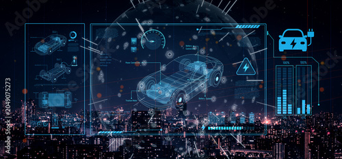Foto Technical layout of electric vehicle showing battery system, power control, trac