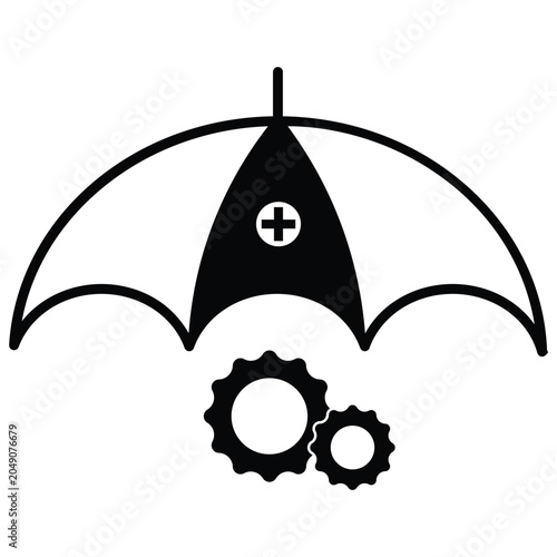 Medical Insurance and Maintenance Protection Icon - Minimalist Umbrella with Healthcare Cross and Gears Symbol
