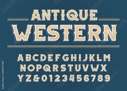 Antique western alphabet font. Faded worn letters and numbers with rough dirty look. Vector typeface for saloon posters, vintage labels, typography design, and old sign elements.