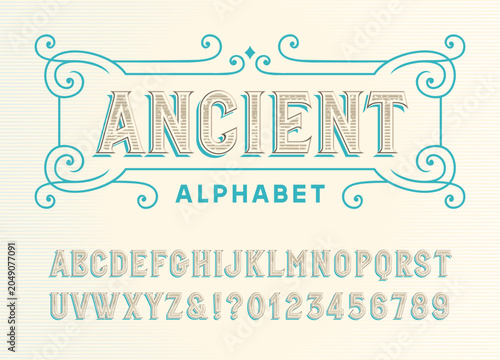 Ancient alphabet font. Faded distressed letters and numbers with a dirty scratched texture. Vector typescript for vintage labels, poster headlines, badge design, and old signage.