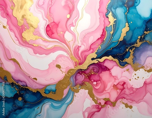 Swirling abstract painting with pink, blue, and gold accents
