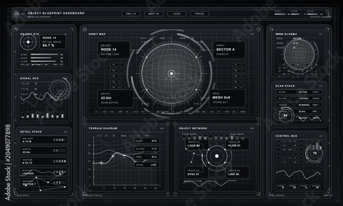 Billede på lærred Control dashboard displays object data with multiple graphs and readings at a de