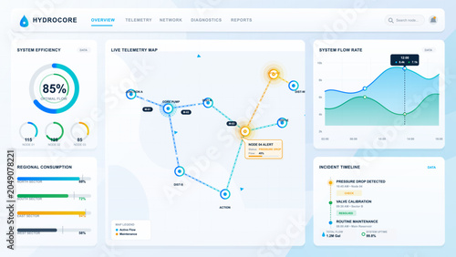 Obraz na płótnie Dashboard displays data for water management system in urban area with readings
