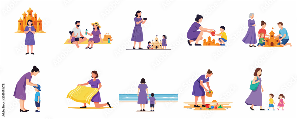 Fototapeta premium Set of flat vector illustrations of families enjoying summer vacation at the beach, building sandcastles, having a picnic, and walking by the sea.