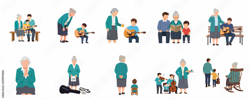 Fototapeta premium Set of Flat Vector Illustrations Featuring a Grandmother and Her Family Members Bonding Through Music, Reading, and Daily Activities