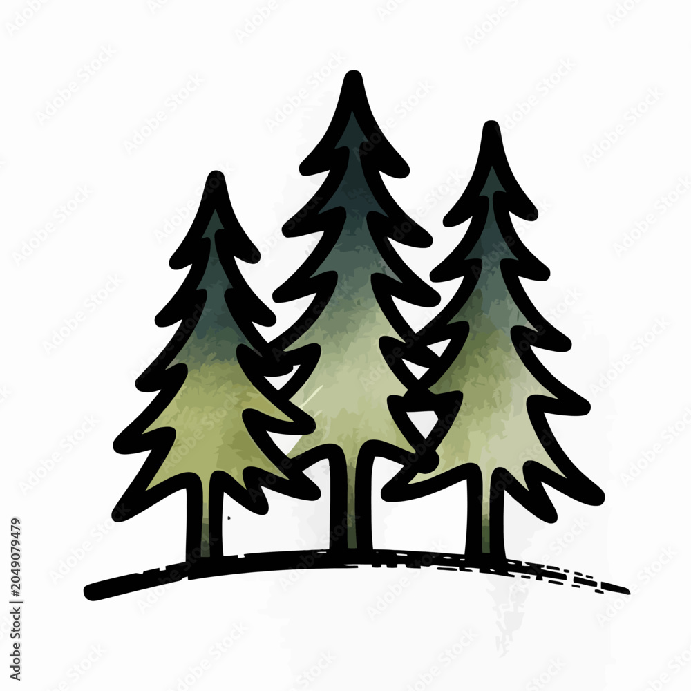 Fototapeta premium Simple Hand Drawn Forest Silhouette with Tall Green Pine Trees Illustration