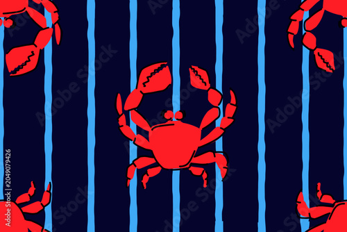 Summer seamless pattern with red crabs and blue stripes on a dark blue background. Hand drawn vector illustration.